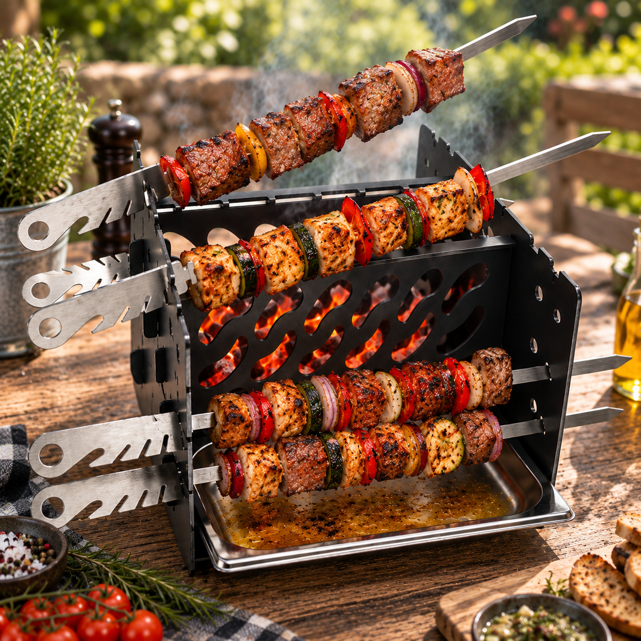 Glutwerk Rhön Seitengrill – Schaschlikgrill mit 6 Spießen & 2 Edelstahlschalen