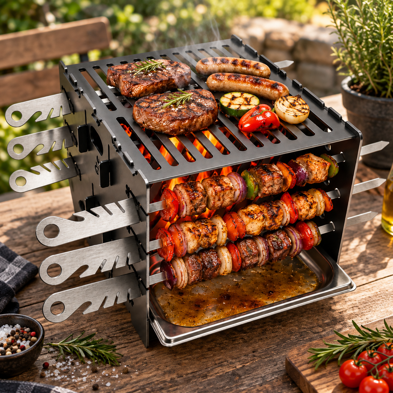 Glutwerk Rhön Seitengrill – Schaschlikgrill mit 6 Spießen & 2 Edelstahlschalen
